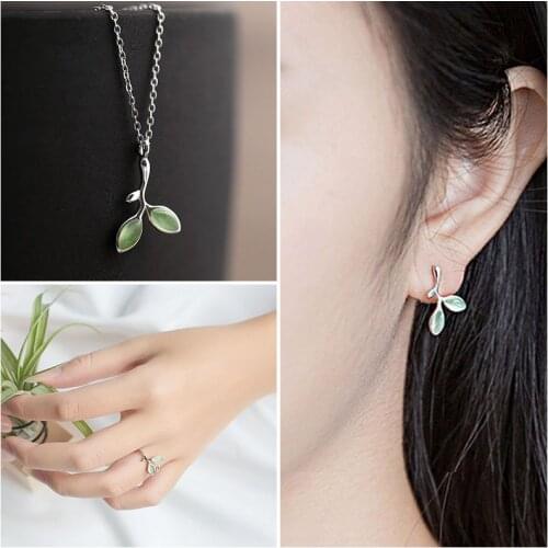 Lovely Green Leaves Jewelry Set Newest Forest Tree Branch Opal Plant Leaf Stud Earrings Open Ring Necklace Christmas Gift