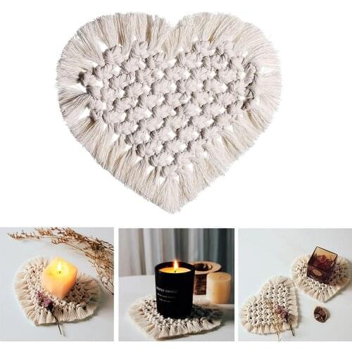 Handwoven Cotton Coaster Bohemia Style Cup Pad Heart Shaped Heat Resistant Solid Color Cup Mat Macrame Coaster Home Decoration
