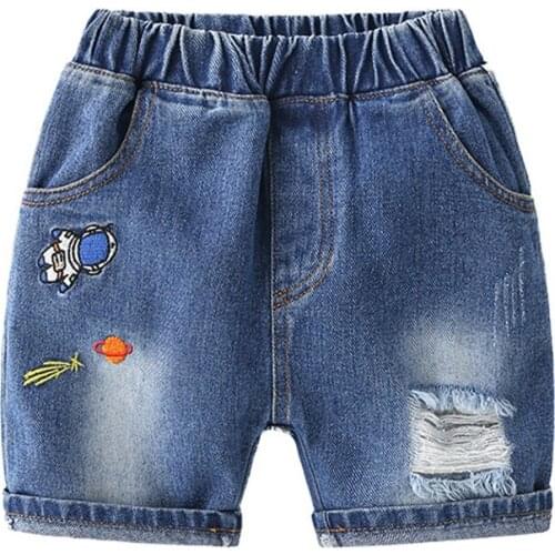 Ripped Boys Shorts Summer Cotton Knee Length Jeans Cute Emboridery Pattern Denim Trousers Kids Clothes