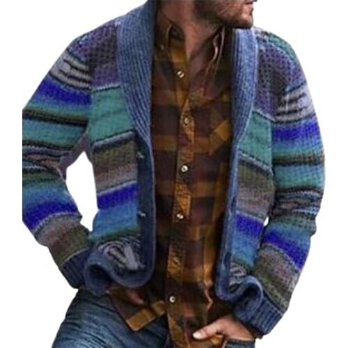 Plus Size Knit Sweater Men Autumn Winter Open Front Cardigan Stripes Long Sleeve Knitted Coat Jacket Outerwear