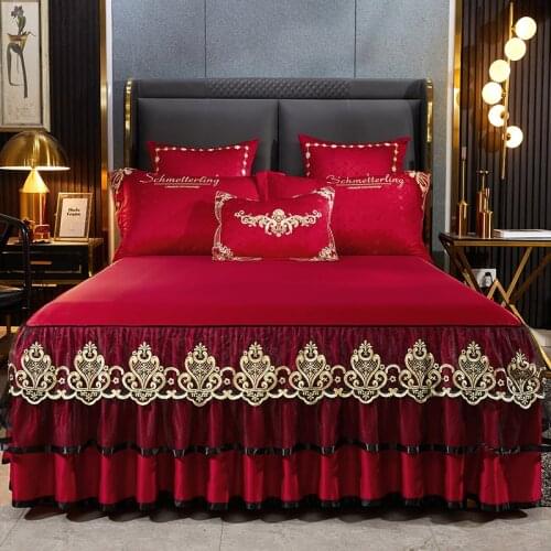 High-end Wedding Red Lace Embroidery Jacquard Bedding Bedspread Mattress Cover Bed Skirt Sheet Pillowcases Home Textile