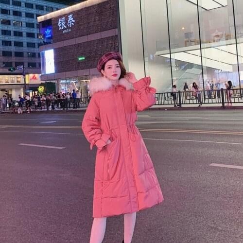 Women winter new style hooded duck down jacket female fashion popular Korean over knee coat waist slim medium and long jackets