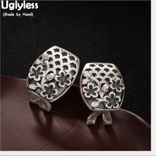 Uglyless Vintage Ethnic Handmade Flower Stud Earrings for Women Square Thai Silver Studs 100% Real Solid 925 Silver Fine Jewelry