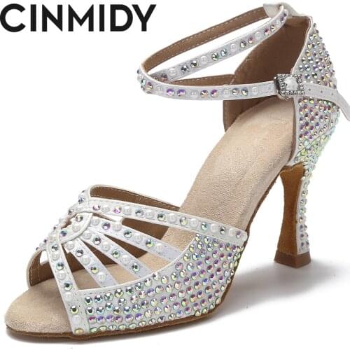 CINMIDY Pearl Rhinestone Latin Dance Shoes Tango Salsa Rumba Samba Ladies Soft Sole High Heels 5CM-10CM Women Sandals Non-Slip