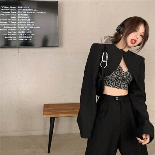 Vintage 3 Pice Set Women Black Short Suit Jacket+High Waist Straight Trousers + Leopard Print Suspenders Womens Suit Streetwear