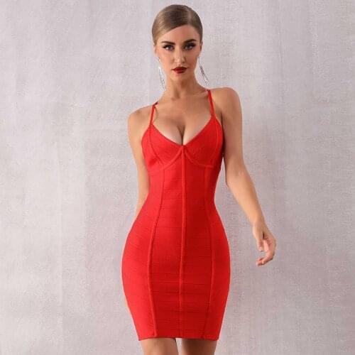 Seamyla Women Black Red Spaghetti Strap V-Neck Bandage Dress Sexy Sleeveless Bodycon Elegant Evening Night 2020 Mini Party Dress