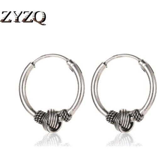 ZYZQ Vintage Women Accessories Tiny Hoop Earrings Ethnic Knot Vintage Silver Plated Beads Fashion Student Accessories Jewelry