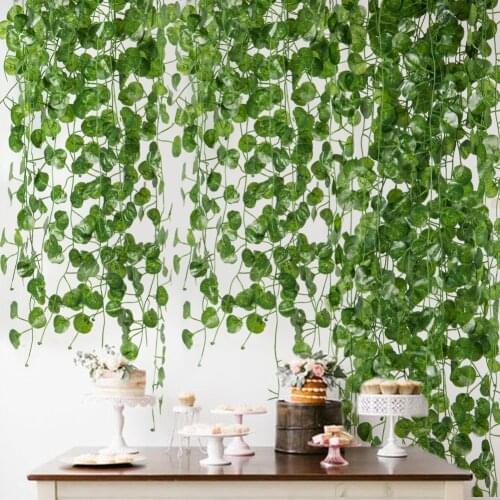 12pcs 2M Green Artificial Ivy Leaf Garland Plants Vine Fake Foliage Flowers Bonsai Leaf Home Garden Wedding Party Decoration