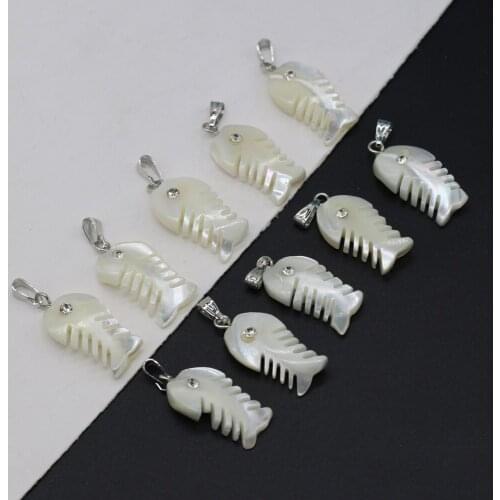 5PCS Natural Freshwater Shell White Fish Shape with Diamond Pendant Making DIY Fashion Necklace Earrings Jewelry Decoration Gift