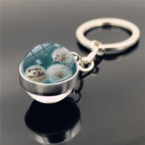 Hedgehog In The Fog Keychain Charms Cartoon Pattern Double Sided Glass Ball Pendant Key Chain Accessories Metal Keychain Holder
