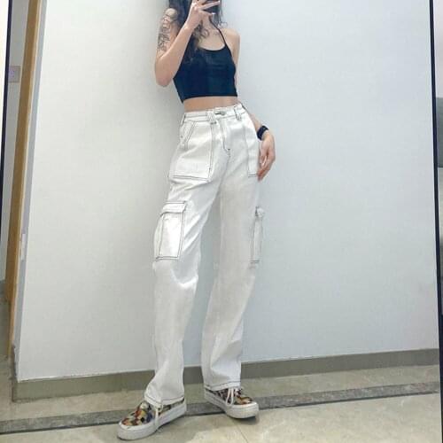 Pockets Patchwork Baggy Jeans Fashion Streetwear 100% Cotton Women Denim Trouser Loose Cargo Pants Korean Jeans Harajuku