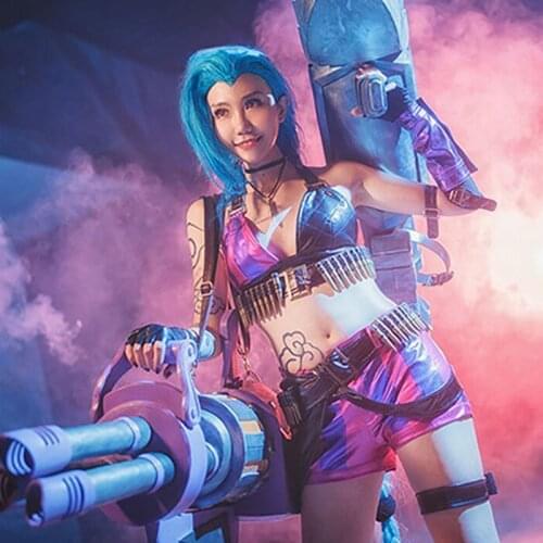 Game LOL Loli Jinx Cosplay Costumes Party Magical Girl Sexy Uniforms Jinx TOP+Pant with Accessories For Women