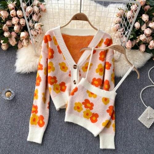 2021 Autumn Fashion Women Floral Knit Cardigans Elegant V-neck Long Sleeve Single Breasted Sweater Coat with Floral Camis Top