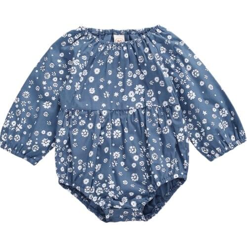 Toddler Baby Autumn Romper Daisy Printing Elastic Round Neck Long-Sleeves Rompers for Baby Girls 0-2 Years Yellow/Grey/Blue