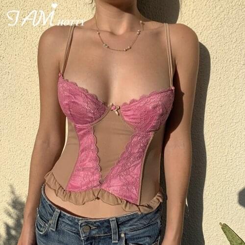 Brown Harajuku Y2K Patchwork Corset Top Women Sexy Ruffles Lace Bow Kawaii Double Spaghetti Strap Party Girl Camisole Iamhotty