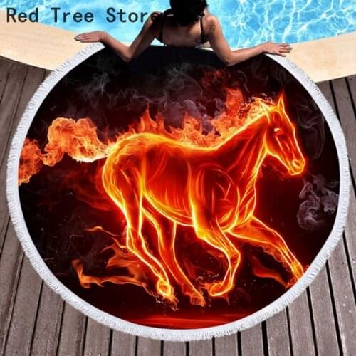 Round Fire Horse Pattern 150cm Beach Towel Microfiber Digital Printing Bath Shower Blanket for Summer Swimming Pool and Seaside