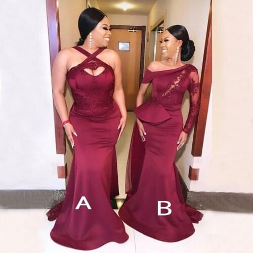 Fashion Burgundy Mermaid Bridesmaid Dresses 2021 Lace Appliques Long Wedding Party Dress African Prom Formal Gown vestidos