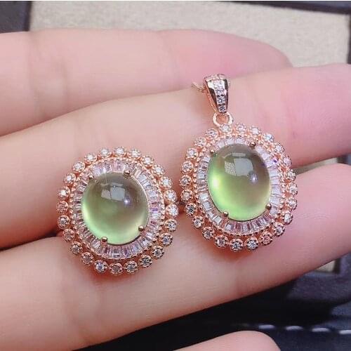 New Fashion Prehnite jewelry set Natural Real Prehnite 925 sterling silver 1 Prehnite pendant, 1 Prehnite ring