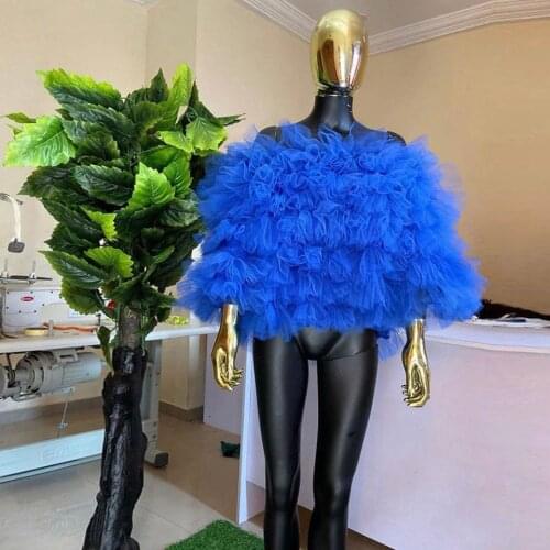 New Trendy Off The Shoulder Royal Blue Blouse Shirts Women Puffy Ruffle Puffy Tulle Party Tops Regular Length Tulle Top