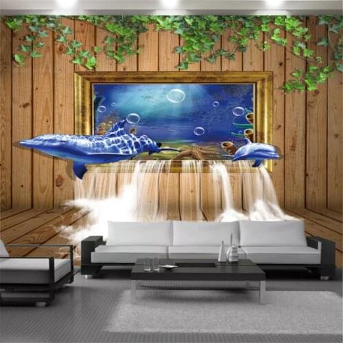 3d Animal Wallcovering Wallpaper Dolphin Breaking Into the Beautiful Wooden House Living Room Bedroom Home Decor Mural Wallpaper