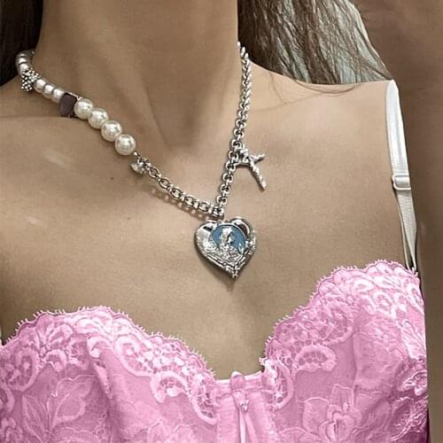 Y2K Goddess Heart Cross Necklace for Women Metal Pearl Mosaic Crystal Fashion Charms Necklace Jewelry 90s Style Friendship Gifts