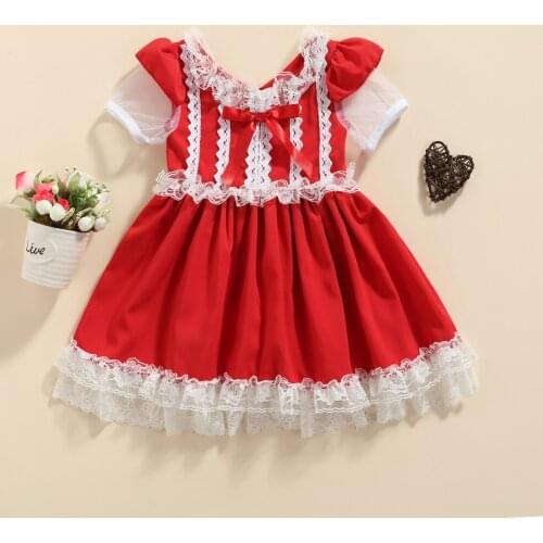 2021 1-6YToddler Baby Girls Red Princess Dress Flower Lace Bow Patch Puff Short Sleeve V Neck Tunic Pleated Tutu Dress For Party