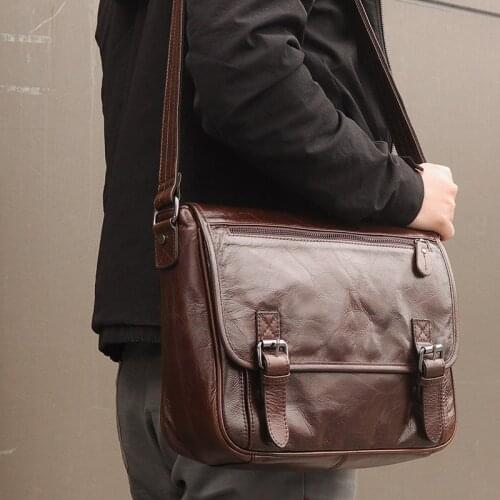 POOLOOS Promotion High Quality Coffee Vintage 100% Guarantee Real Skin Genuine Leather Men Messenger Bags Male Shouder Bag M7022