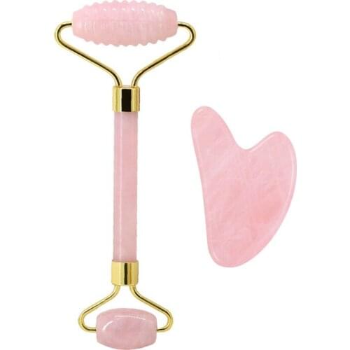 Rose Quartz Face Roller Pink Crystal Jade Roller Facial Massage Tool Guasha Board Scraper Set Jade Facial Massager With Spikes