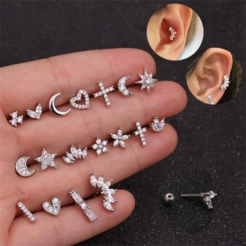 New 1Pc Silver Color Stainless Steel Earrings Cartilage Helix Screw Back Earring Stud Women Love Heart Ear Bone Tragus Jewelry