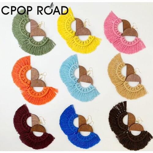 Colors Bohemian Tassel Earrings for Women Ethnic Semicircle Wood Handmade Cotton Fringed Macrame Earrings Wedding Jewelry Gift