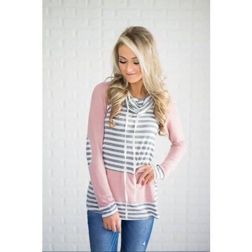 Hitmebox 2019 Autumn Spring Womens Long Sleeve Striped Cowl Neck Hooded Tops Kangaroo Pocket Patch High Collar Sweatshirts New