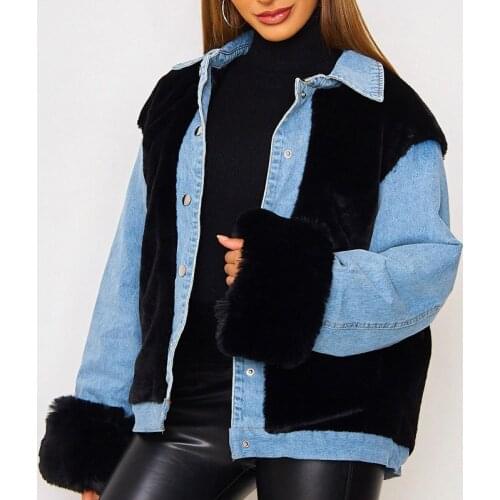 2021 New Women Solid Color Plush Denim Jacket Winter Warm Long Sleeve Lapel Patchwork Outerwear Casual Loose Tops