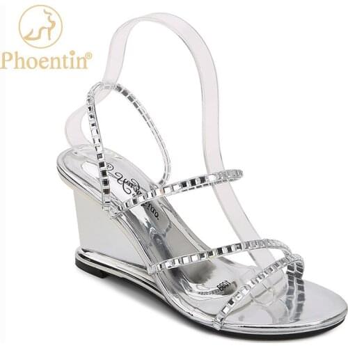 Phoentin crystal womens sandals 2020 summer bling wedge heels transparent slipper silver narrow band party shoe plus size FT997