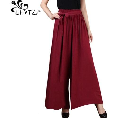 UHYTGF trousers for women 2020 Soft comfortable thin cotton linen wide-leg pants summer pants loose high waist casual pants 1100