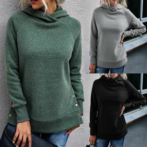 Womans Sweatshirts Solid Color Hoodie Long Sleeve Split Buttons Hem Sweatshirt Top Warm Oversized Hoodies Women Pullovers 2020