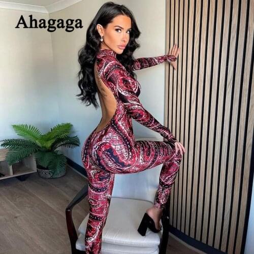 Ahagaga 2021 Autumn Print Jumpsuit Women Fashion Backless High Neck Hollow Out Long Sleeve Sexy Bodycon Female Rompers Catsuits