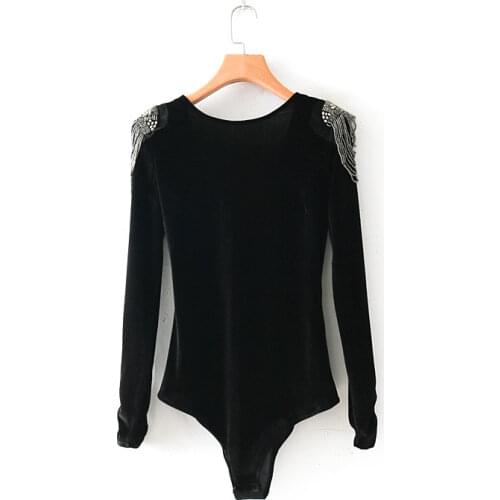 Women sexy cross v neck velvet bodysuit shirt women shoulder beading chic siamese blouse retro playsuits femininas blusas