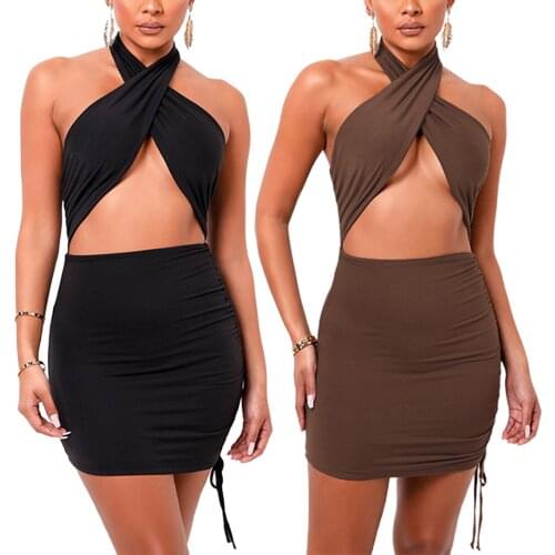 2021 Womens Dress Strap Neck Solid Color Side Lace Up Backless 1 Piece Skirt For Female