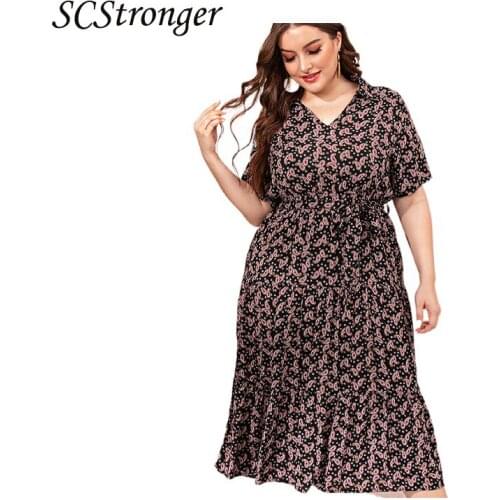 SCSTRONGER Spring And Autumn Plus Size Vneck Floral Color Dress Fashion Women Waist Waist Long Skirt Vesidos Mujer Verano 2021