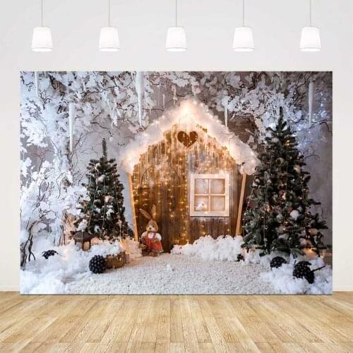Winter snow house Christmas tree backdrop for photography glitter house rabbit photo booth background snowflake newborn portrait