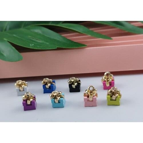 10pcs 8*11mm DIY Fashion 3D alloy enamel gift box charms for bracelet, metal dangle present box pendants earring jewelry making