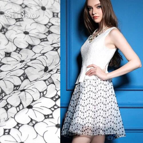 Black floral embroidery 100% pure silk organza fabric for dress shirts 15mm silk fabric cloth tejido tela SP3296