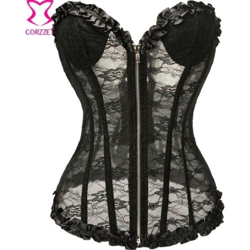 Floral Pattern Overbust Padded Black Lace Corset Bustier Sexy Lingerie Women Gotico Corseletes Espartilhos E Corpetes With Zip