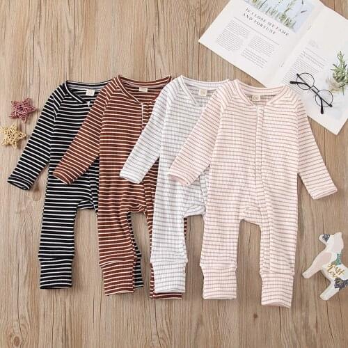 Infant Baby Girl Boy Jumpsuit Long Sleeve Trousers Stripe Printing Zipper Romper Home Clothes Suit Infant Costumes Pajamas