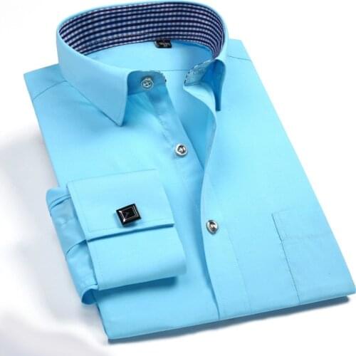 Quality Men Long Sleeve Button Shirt Spring Striped Men French Cufflinks Casual Shirt White Mens French Cuff Dress Shirts