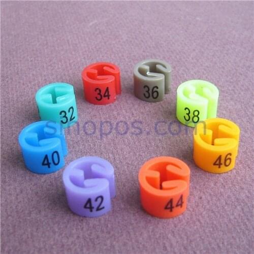 Plastic Size Markers set #3 for hangers, sizes colors assorted pre-printed 32/34/36/38/40/42/44/46, Hanger Accessories snap-on
