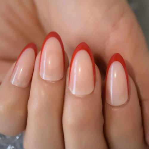 Red Edge Meidum Press On Nails Almond 2021 Nail Tips With Design Full Cover Fingernails Supplies For Professionals Detachable