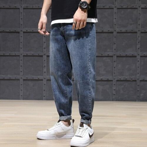 2021 New Fashion Streetwear Loose Fit Blue Scratch Ripped Denim Harem Pants Korean Style Hip Hop Jeans Men Wide Leg Trousers