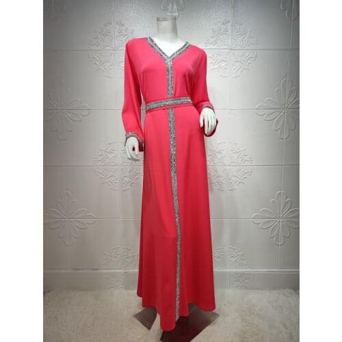 New Maxi Dresses Muslim Diamond Jalabiya Loose Plus Size Dress Red Ramadan Eid Dubai Abaya Kaftan Turkish Islamic Women Clothing
