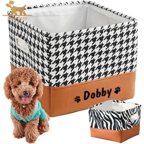Personalized Pet Dog Toy Storage Basket，Classic houndstooth, Dog Accessories，Dog Canvas PU leather Bag Foldable，Pet Toys Box